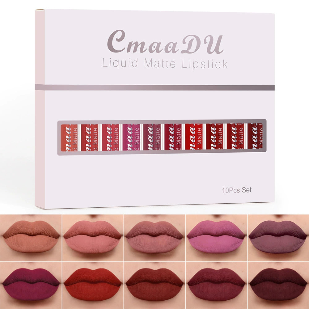 10-Piece Matte Waterproof Lip Gloss Set – Bold Color, All-Day Stay（2）